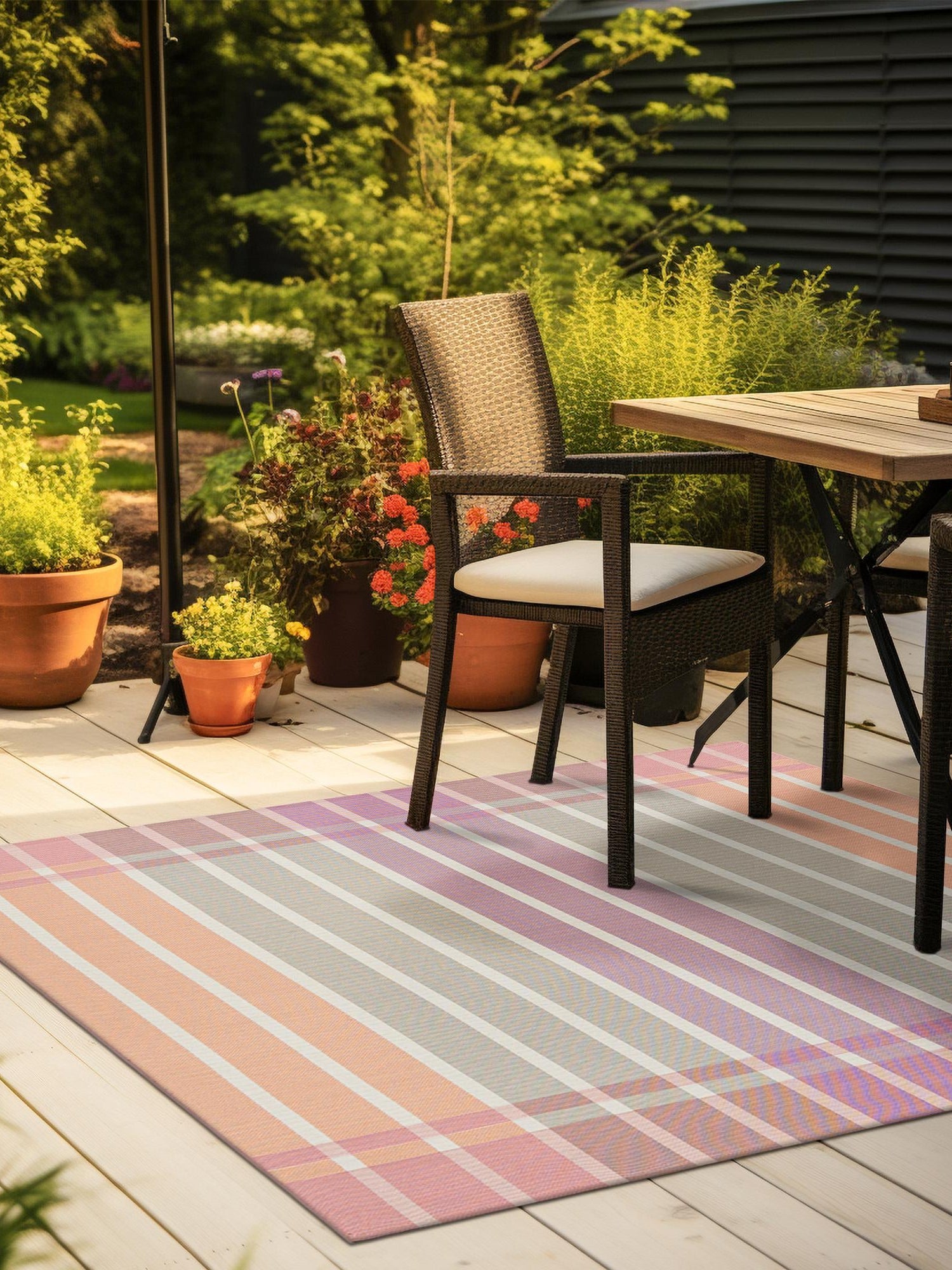 Pink and Lavender 7' 10 x 7' 10 Outdoor Striped Square Area Rug Weather Resistant for Patio, Deck, Terrace, Balcony, Porch Geometric Pattern Waterproof Carpet for Sale at Rug Engine