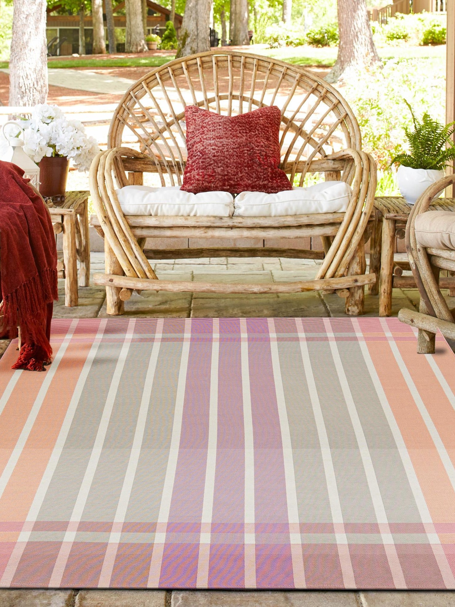 Pink and Lavender 7' 10 x 7' 10 Outdoor Striped Square Area Rug Weather Resistant for Patio, Deck, Terrace, Balcony, Porch Geometric Pattern Waterproof Carpet for Sale at Rug Engine