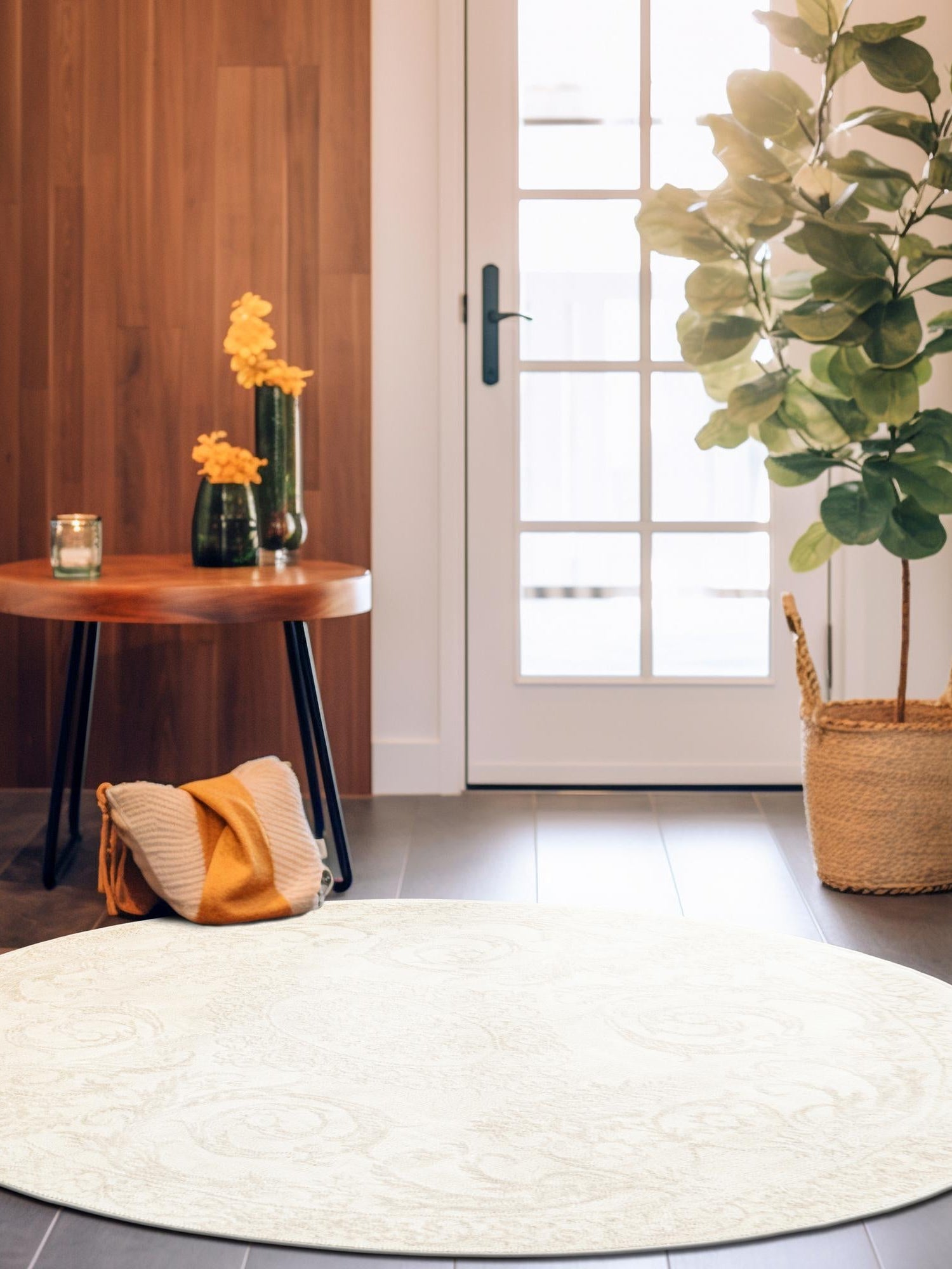 Ivory 7' 10 x 7' 10 Finsbury Round Area Rug 60% Polypropylene & 40% Polyester Contemporary Carpet for Living Rooms, Dining, Offices for Sale at Rug Engine