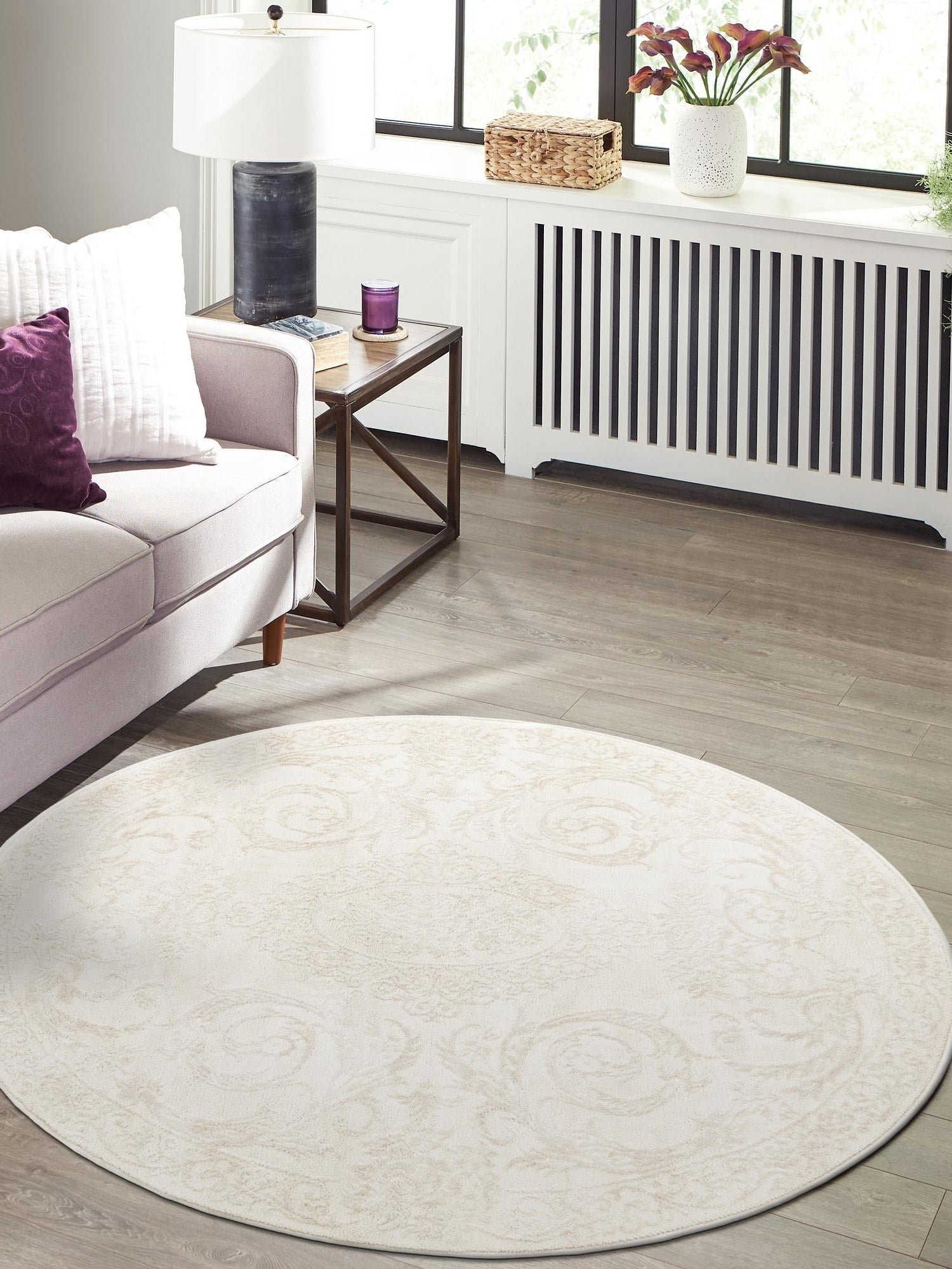 Ivory 7' 10 x 7' 10 Finsbury Round Area Rug 60% Polypropylene & 40% Polyester Contemporary Carpet for Living Rooms, Dining, Offices for Sale at Rug Engine