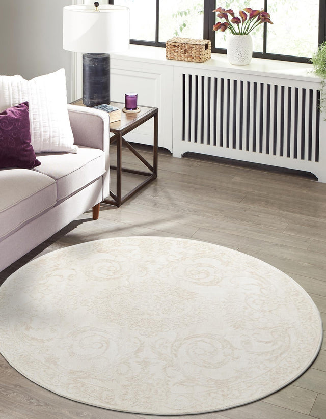 Ivory 6' 1 x 6' 1 Finsbury Round Area Rug 60% Polypropylene & 40% Polyester Contemporary Carpet for Living Rooms, Dining, Offices for Sale at Rug Engine