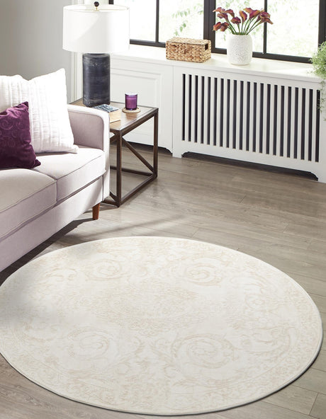 Ivory 5' 3 x 5' 3 Finsbury Round Area Rug 60% Polypropylene & 40% Polyester Contemporary Carpet for Living Rooms, Dining, Offices for Sale at Rug Engine