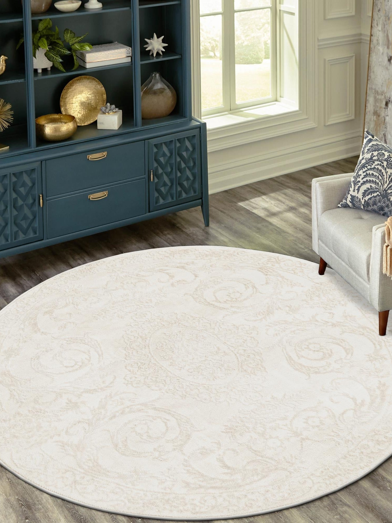 Ivory 10' x 10' Finsbury Round Area Rug 60% Polypropylene & 40% Polyester Contemporary Carpet for Living Rooms, Dining, Offices for Sale at Rug Engine