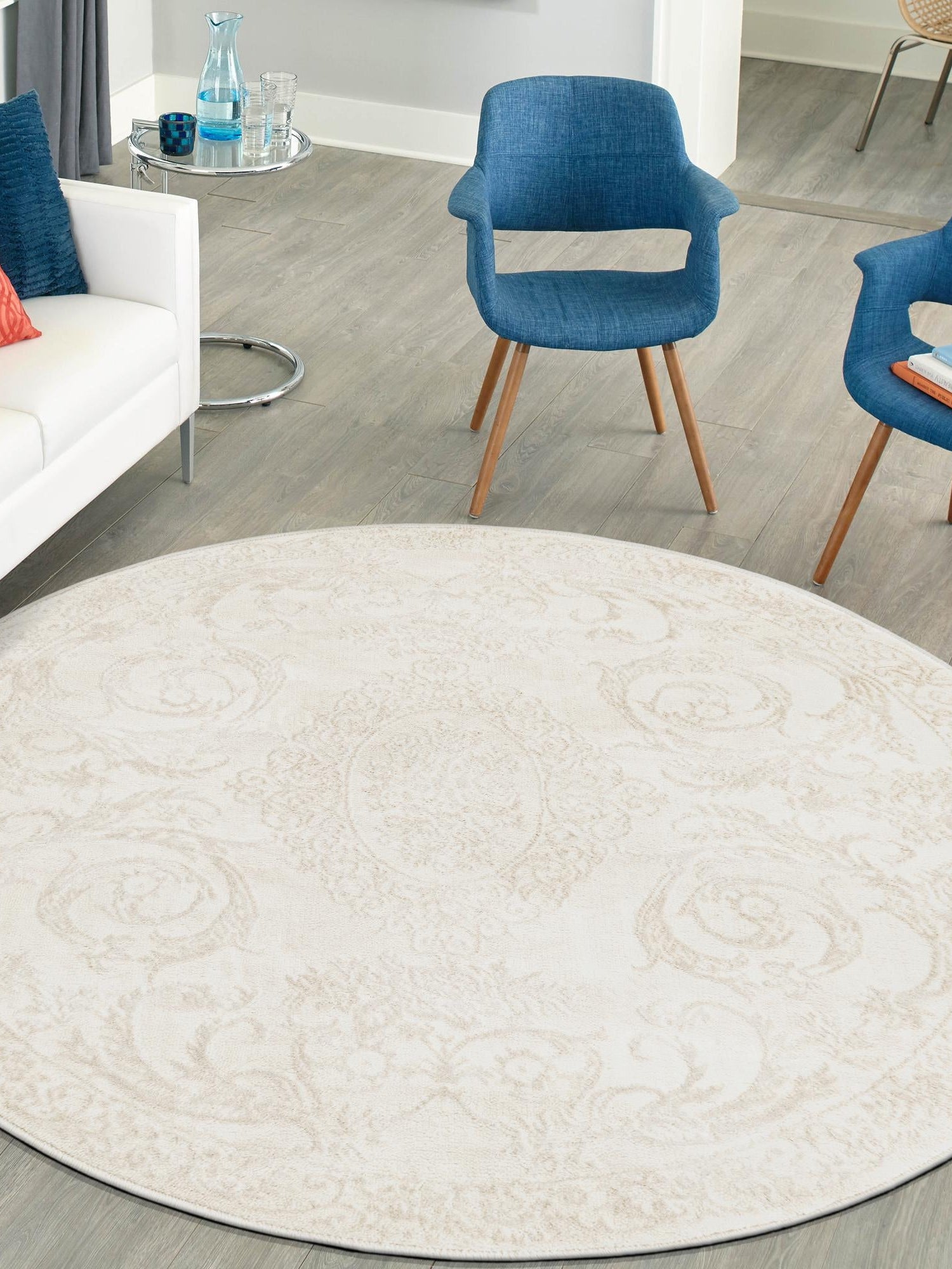 Ivory 10' x 10' Finsbury Round Area Rug 60% Polypropylene & 40% Polyester Contemporary Carpet for Living Rooms, Dining, Offices for Sale at Rug Engine