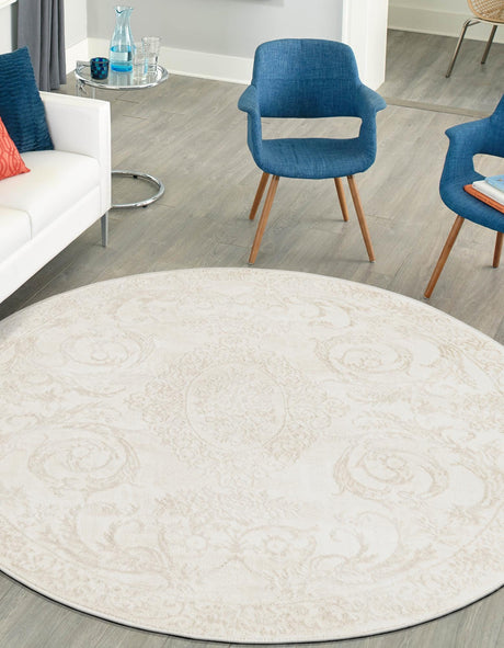 Ivory 5' 3 x 5' 3 Finsbury Round Area Rug 60% Polypropylene & 40% Polyester Contemporary Carpet for Living Rooms, Dining, Offices for Sale at Rug Engine