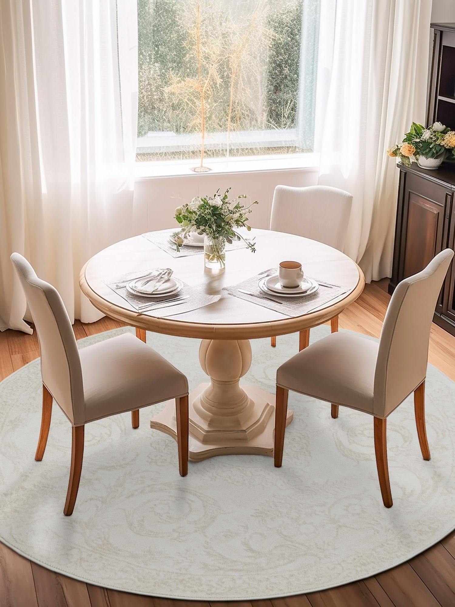 Ivory 5' 3 x 5' 3 Finsbury Round Area Rug 60% Polypropylene & 40% Polyester Contemporary Carpet for Living Rooms, Dining, Offices for Sale at Rug Engine