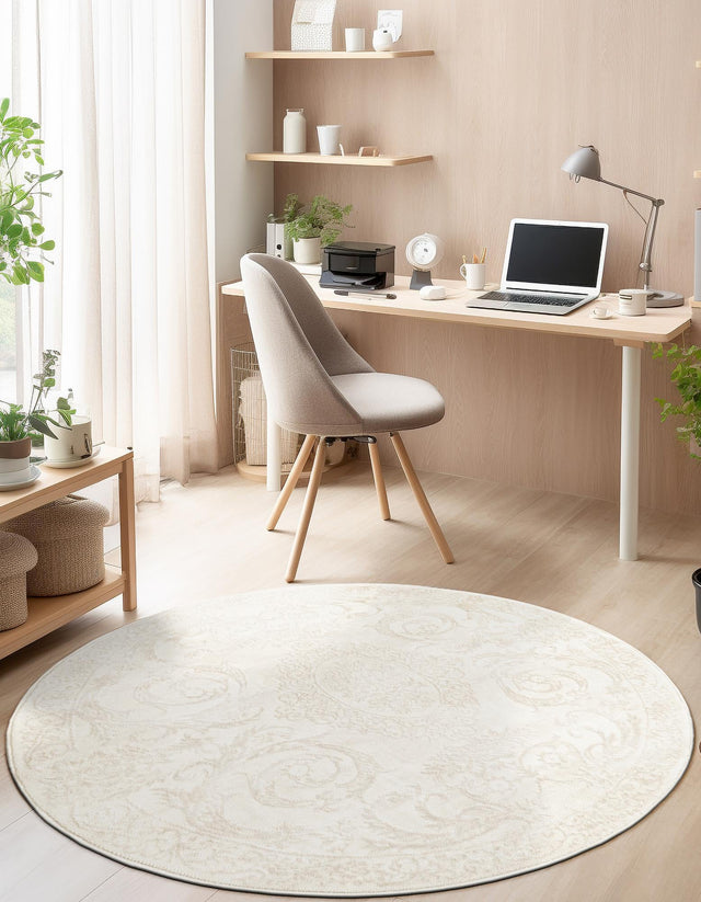 Ivory 4' 1 x 4' 1 Finsbury Round Area Rug 60% Polypropylene & 40% Polyester Contemporary Carpet for Living Rooms, Dining, Offices for Sale at Rug Engine