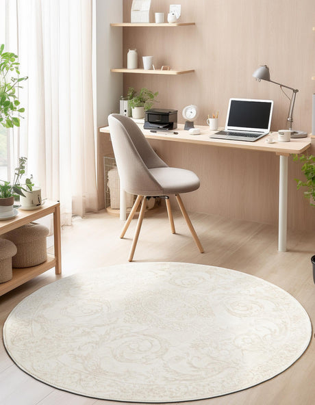 Ivory 6' 1 x 6' 1 Finsbury Round Area Rug 60% Polypropylene & 40% Polyester Contemporary Carpet for Living Rooms, Dining, Offices for Sale at Rug Engine