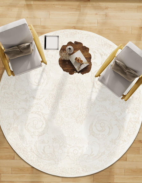 Ivory 4' 1 x 4' 1 Finsbury Round Area Rug 60% Polypropylene & 40% Polyester Contemporary Carpet for Living Rooms, Dining, Offices for Sale at Rug Engine