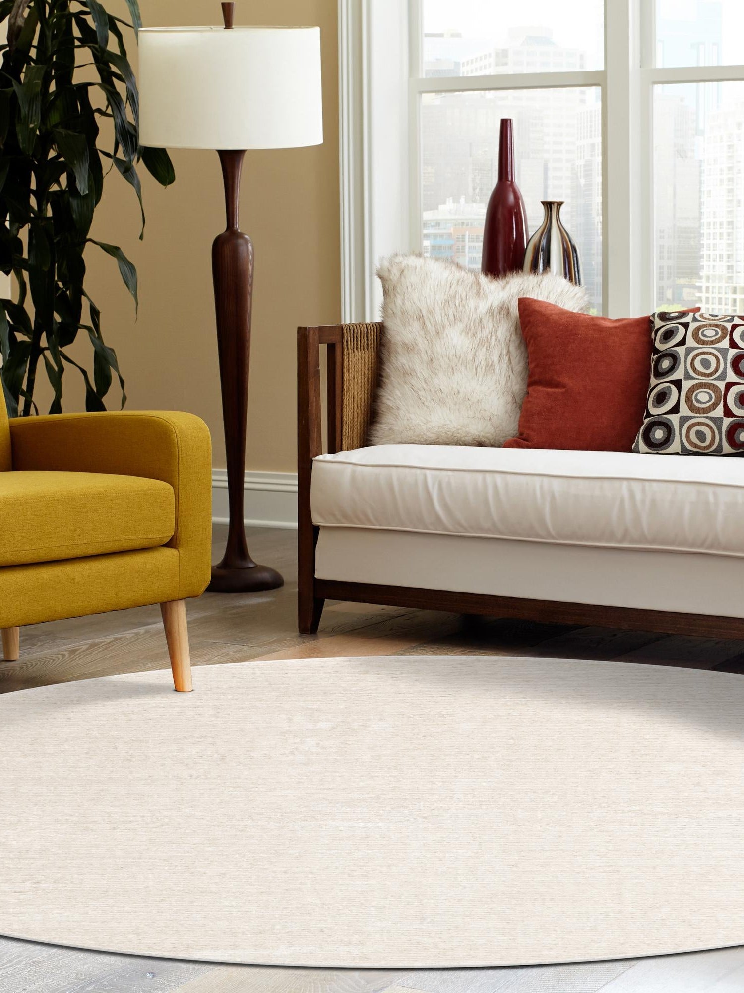 Ivory 6' 1 x 6' 1 Finsbury Round Area Rug 60% Polypropylene & 40% Polyester Contemporary Carpet for Living Rooms, Dining, Offices for Sale at Rug Engine
