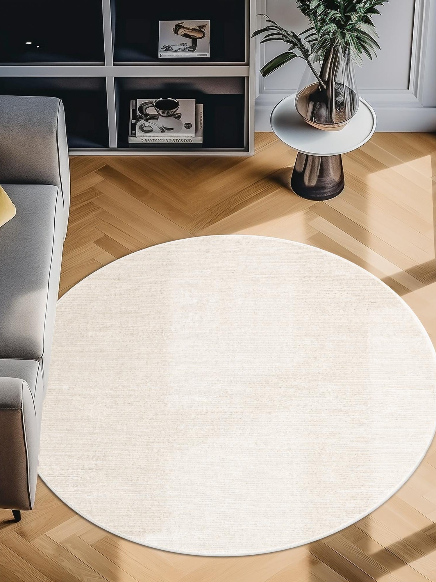 Ivory 6' 1 x 6' 1 Finsbury Round Area Rug 60% Polypropylene & 40% Polyester Contemporary Carpet for Living Rooms, Dining, Offices for Sale at Rug Engine