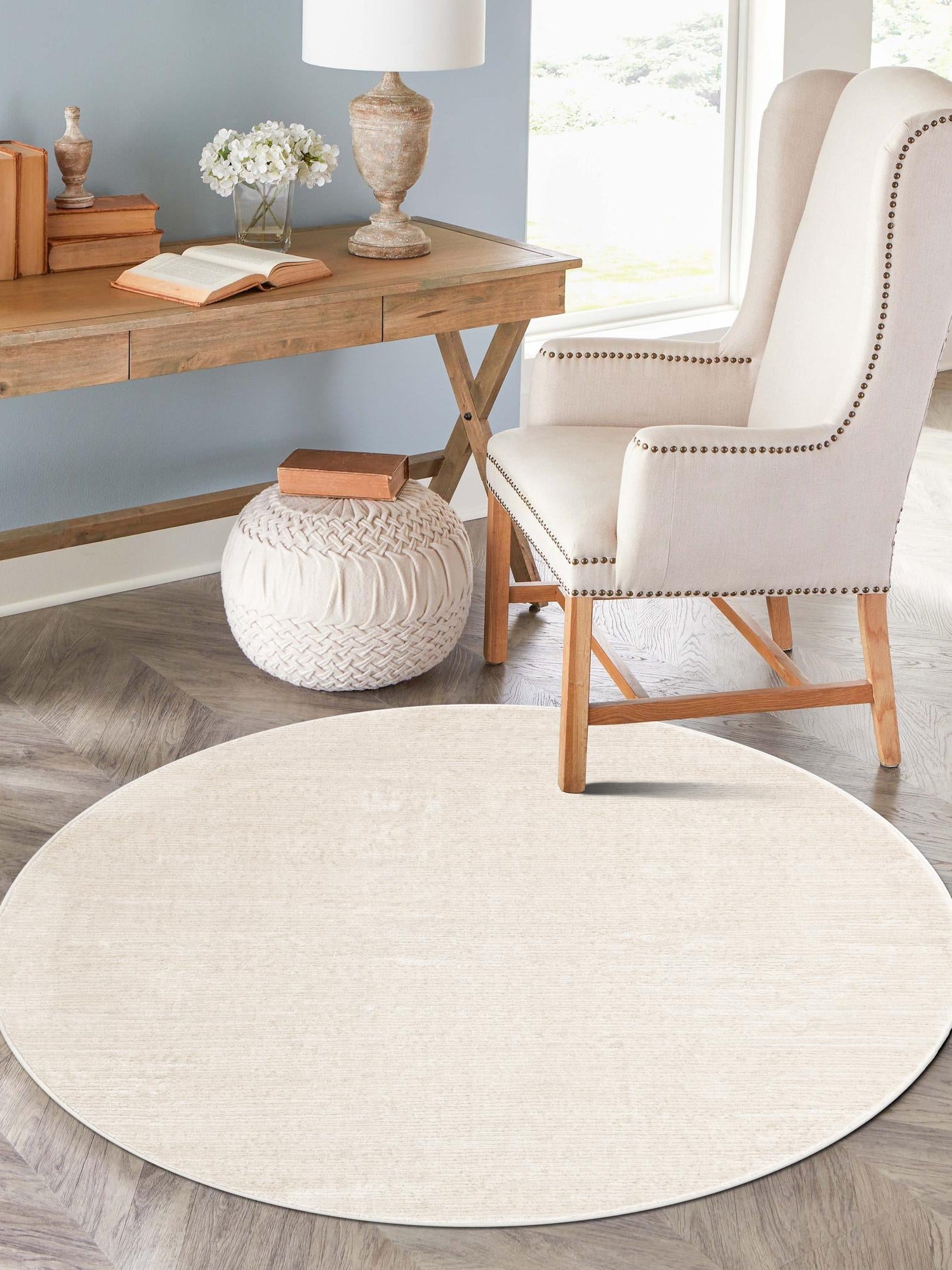 Ivory 6' 1 x 6' 1 Finsbury Round Area Rug 60% Polypropylene & 40% Polyester Contemporary Carpet for Living Rooms, Dining, Offices for Sale at Rug Engine