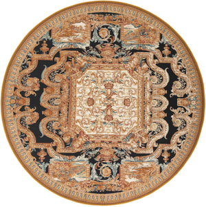 Black Gold Brown 10' x 10' Outdoor Traditional Round Area Rug Weather Resistant for Patio, Deck, Terrace, Balcony, Porch Classical Design Outside Carpet for Sale at Rug Engine