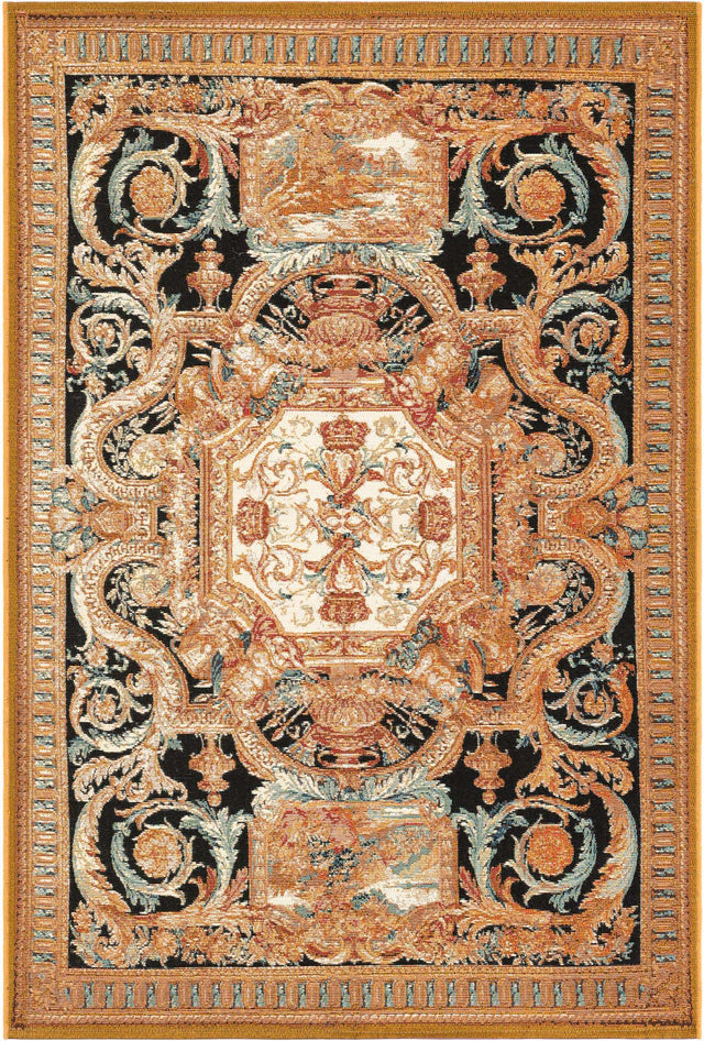Black Gold Brown 4' 1 x 6' 1 Outdoor Traditional Rectangle Area Rug Weather Resistant for Patio, Deck, Terrace, Balcony, Porch Classical Design Outside Carpet for Sale at Rug Engine