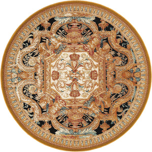 Black Gold Brown 5' 3 x 5' 3 Outdoor Traditional Round Area Rug Weather Resistant for Patio, Deck, Terrace, Balcony, Porch Classical Design Outside Carpet for Sale at Rug Engine