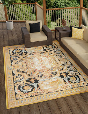 Black Gold Brown 6' 1 x 9' Outdoor Traditional Rectangle Area Rug Weather Resistant for Patio, Deck, Terrace, Balcony, Porch Classical Design Outside Carpet for Sale at Rug Engine