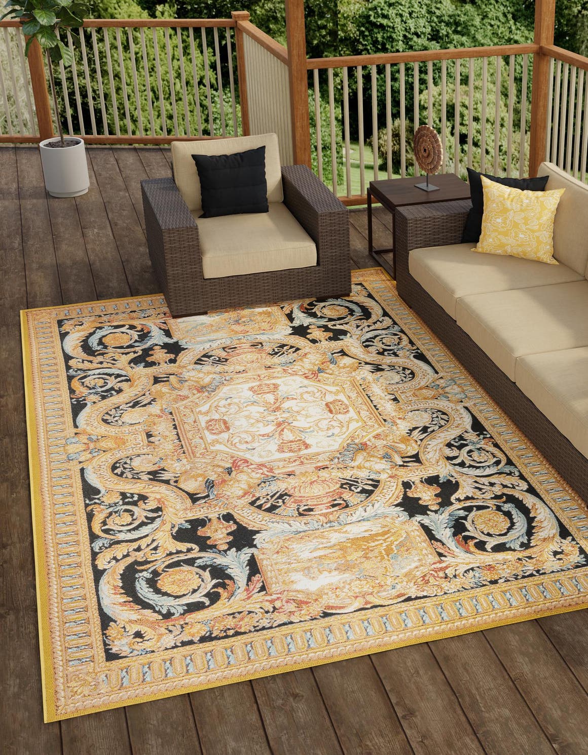 Black Gold Brown 7' 10 x 10' Outdoor Traditional Rectangle Area Rug Weather Resistant for Patio, Deck, Terrace, Balcony, Porch Classical Design Outside Carpet for Sale at Rug Engine