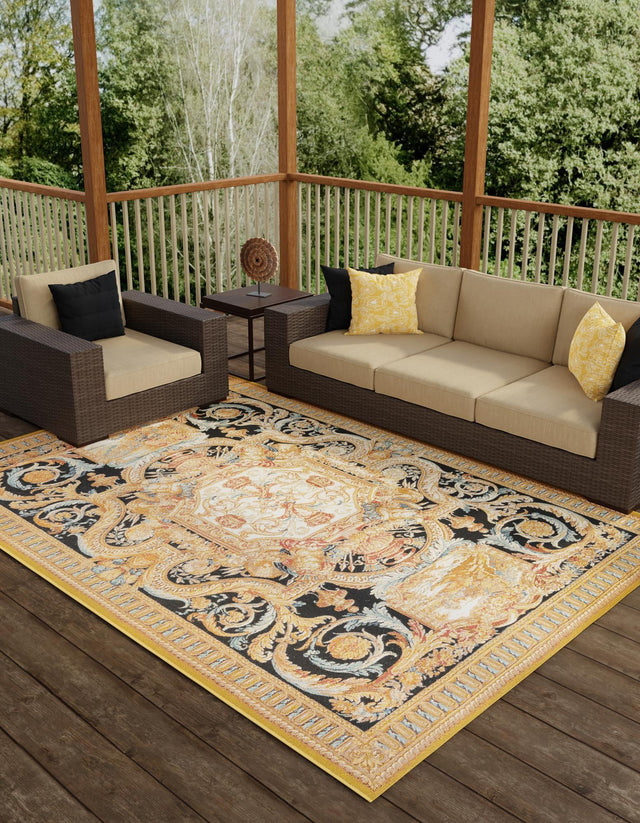 Black Gold Brown 5' 3 x 7' 1 Outdoor Traditional Rectangle Area Rug Weather Resistant for Patio, Deck, Terrace, Balcony, Porch Classical Design Outside Carpet for Sale at Rug Engine