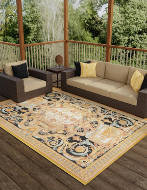 Black Gold Brown 9' x 12' Outdoor Traditional Rectangle Area Rug Weather Resistant for Patio, Deck, Terrace, Balcony, Porch Classical Design Outside Carpet for Sale at Rug Engine