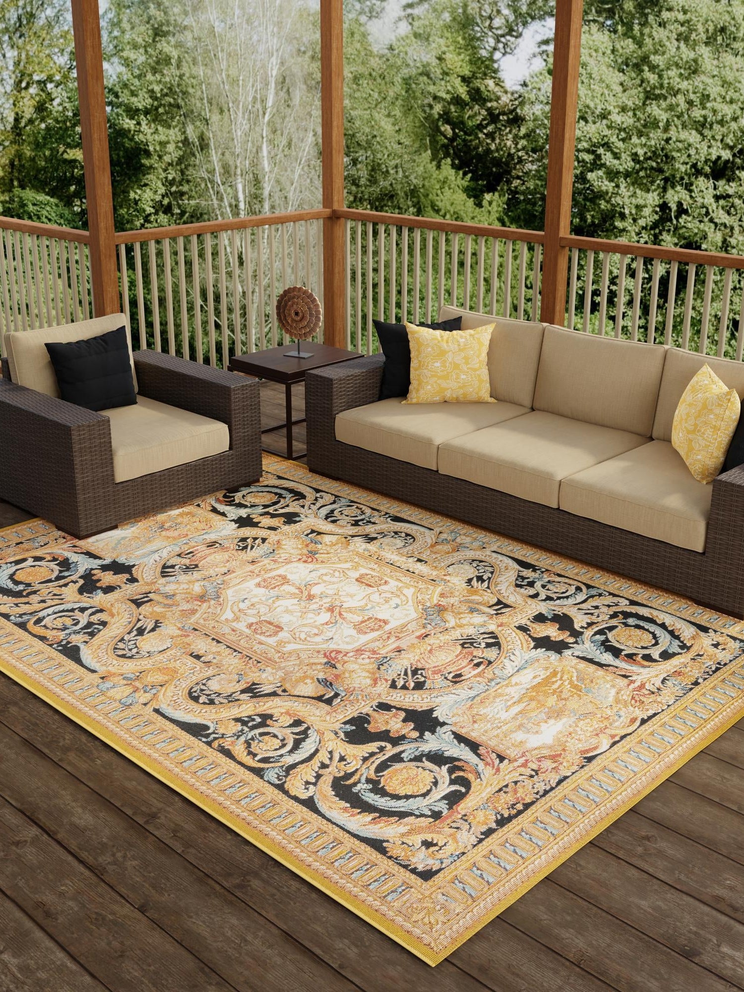 Black Gold Brown 6' 1 x 9' Outdoor Traditional Rectangle Area Rug Weather Resistant for Patio, Deck, Terrace, Balcony, Porch Classical Design Outside Carpet for Sale at Rug Engine