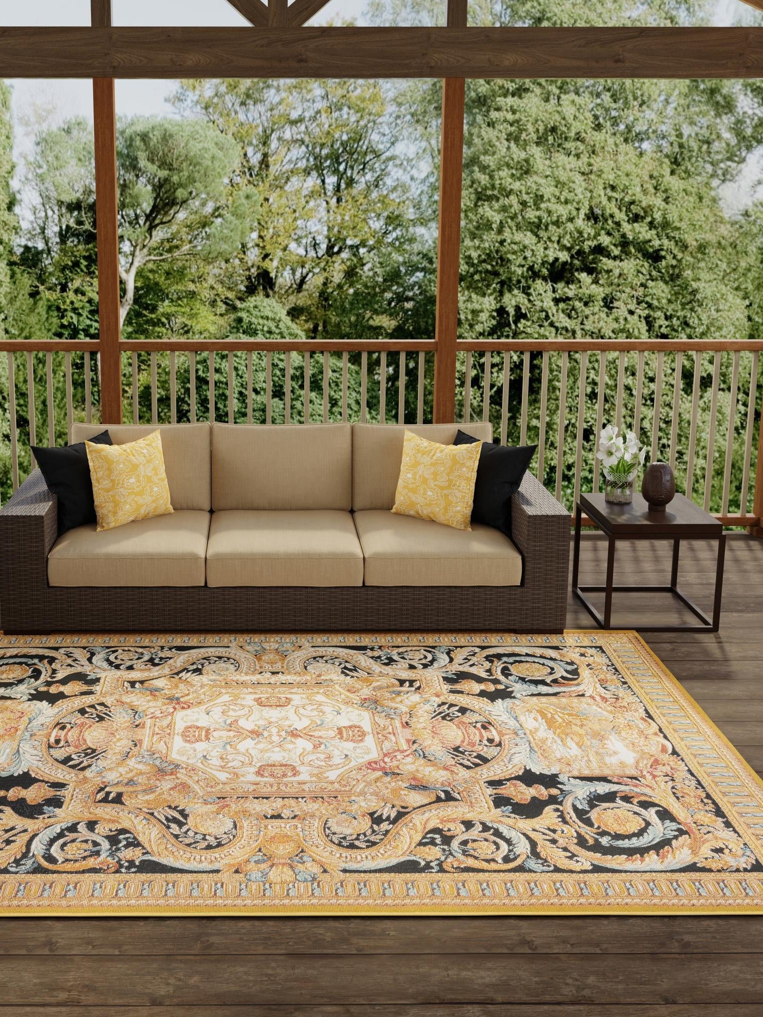 Black Gold Brown 7' 10 x 10' Outdoor Traditional Rectangle Area Rug Weather Resistant for Patio, Deck, Terrace, Balcony, Porch Classical Design Outside Carpet for Sale at Rug Engine