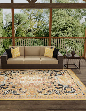 Black Gold Brown 7' 10 x 10' Outdoor Traditional Rectangle Area Rug Weather Resistant for Patio, Deck, Terrace, Balcony, Porch Classical Design Outside Carpet for Sale at Rug Engine