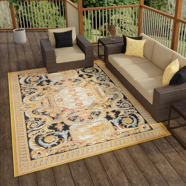 Black Gold Brown 2' x 3' 1 Outdoor Traditional Rectangle Area Rug Weather Resistant for Patio, Deck, Terrace, Balcony, Porch Classical Design Outside Carpet for Sale at Rug Engine