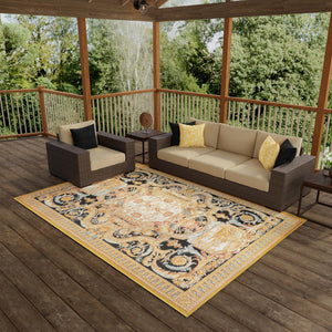 Black Gold Brown 5' 3 x 7' 1 Outdoor Traditional Rectangle Area Rug Weather Resistant for Patio, Deck, Terrace, Balcony, Porch Classical Design Outside Carpet for Sale at Rug Engine