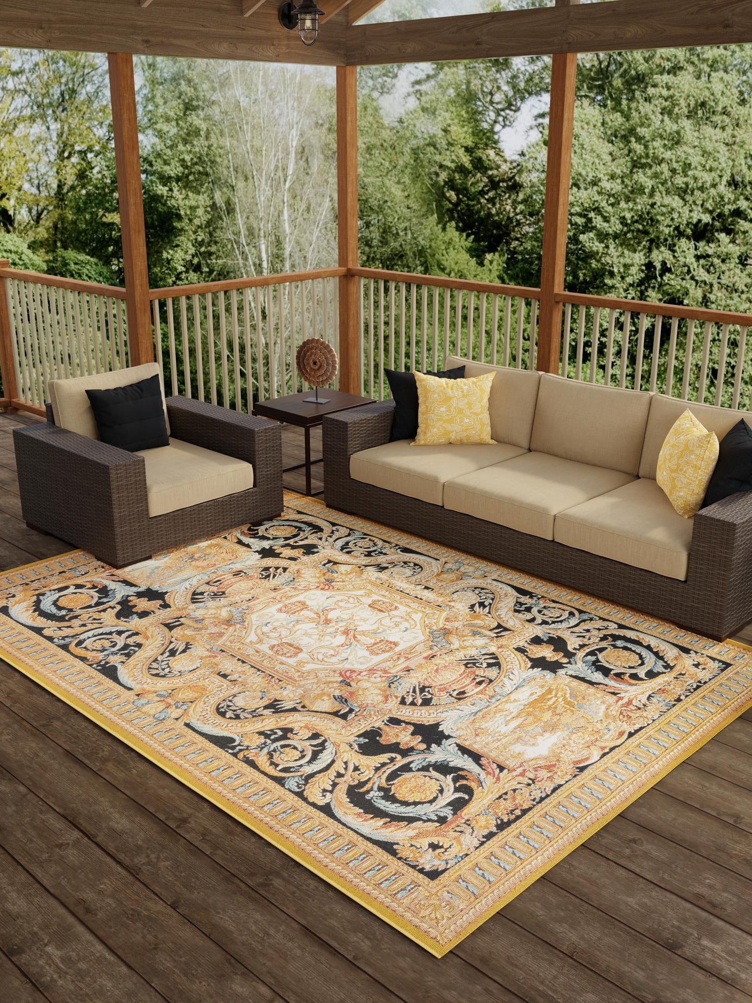 Black Gold Brown 2' x 3' 1 Outdoor Traditional Rectangle Area Rug Weather Resistant for Patio, Deck, Terrace, Balcony, Porch Classical Design Outside Carpet for Sale at Rug Engine