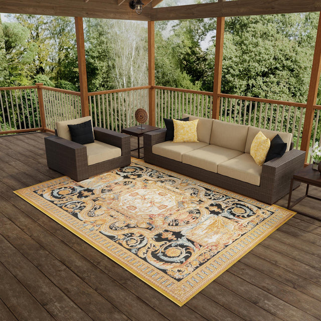 Black Gold Brown 2' x 3' 1 Outdoor Traditional Rectangle Area Rug Weather Resistant for Patio, Deck, Terrace, Balcony, Porch Classical Design Outside Carpet for Sale at Rug Engine
