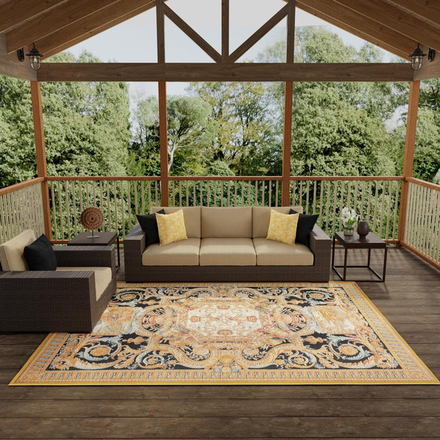 Black Gold Brown 2' x 3' 1 Outdoor Traditional Rectangle Area Rug Weather Resistant for Patio, Deck, Terrace, Balcony, Porch Classical Design Outside Carpet for Sale at Rug Engine