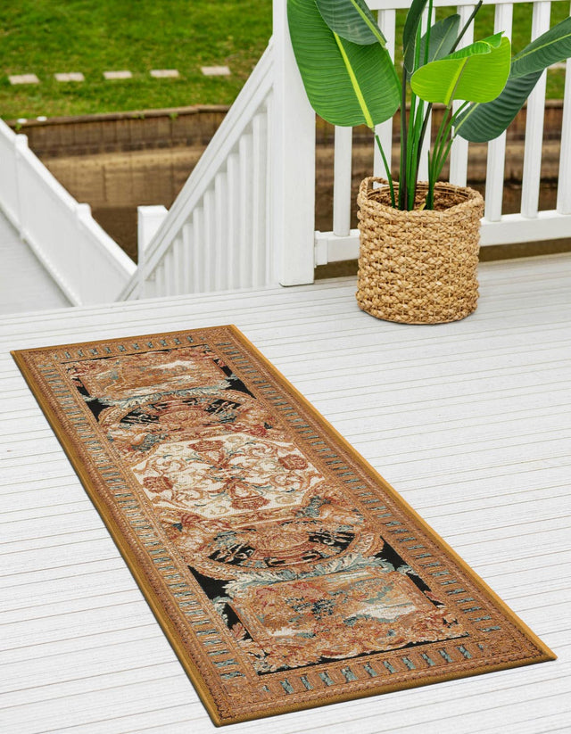 Black Gold Brown 2' 7 x 10' Outdoor Traditional Runner Area Rug Weather Resistant for Patio, Deck, Terrace, Balcony, Porch Classical Design Outside Carpet for Sale at Rug Engine