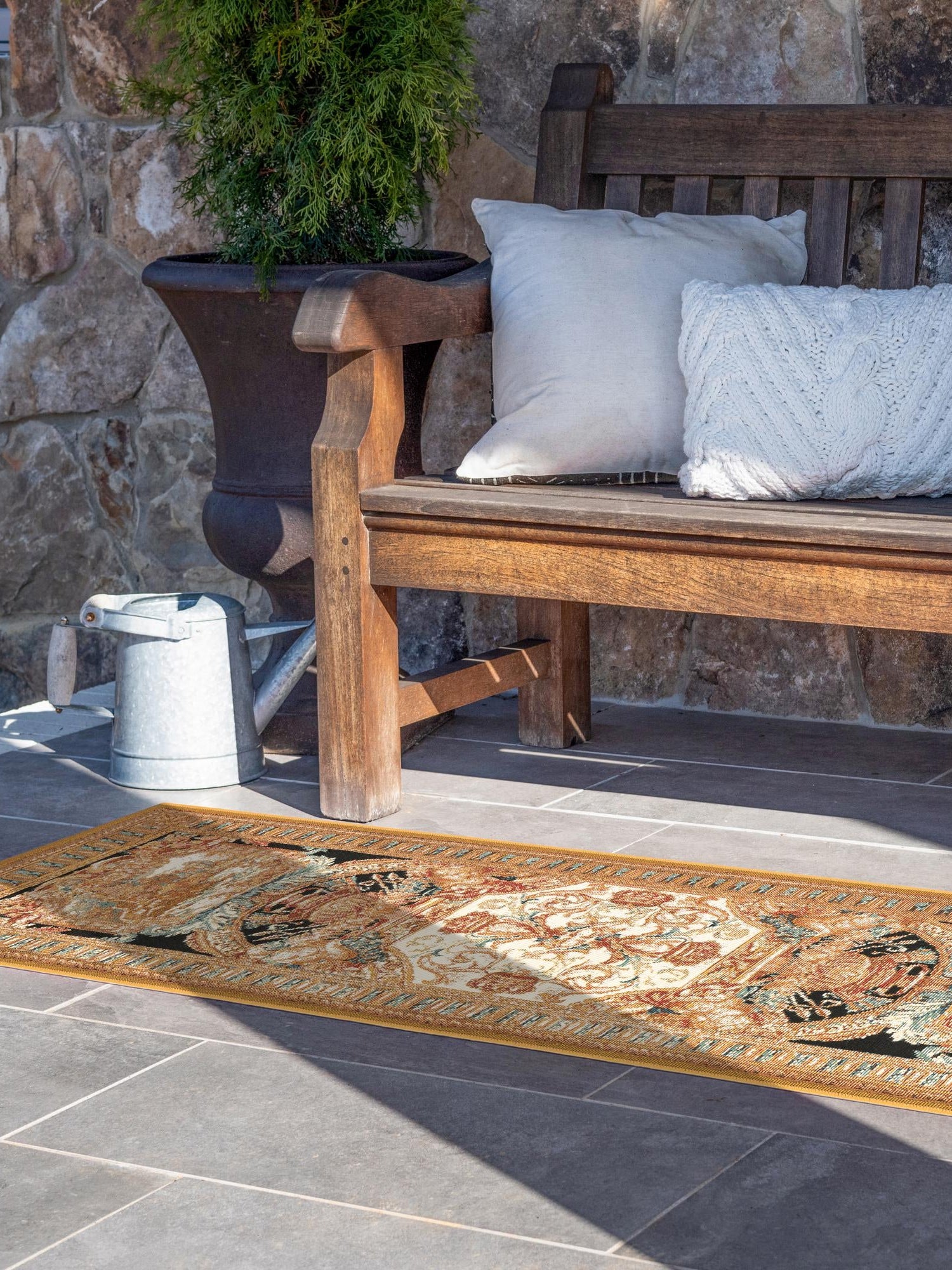 Black Gold Brown 2' x 6' 1 Outdoor Traditional Runner Area Rug Weather Resistant for Patio, Deck, Terrace, Balcony, Porch Classical Design Outside Carpet for Sale at Rug Engine