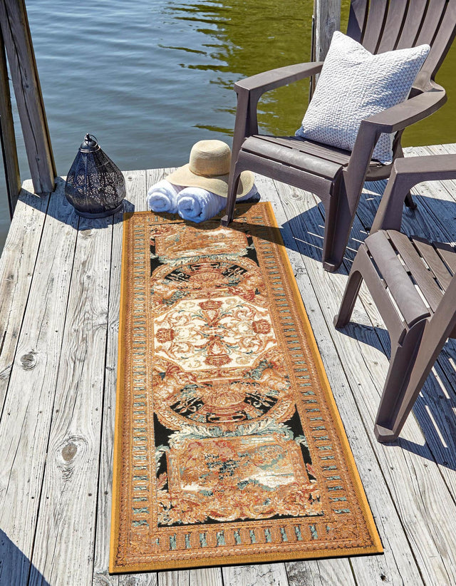 Black Gold Brown 2' 7 x 10' Outdoor Traditional Runner Area Rug Weather Resistant for Patio, Deck, Terrace, Balcony, Porch Classical Design Outside Carpet for Sale at Rug Engine