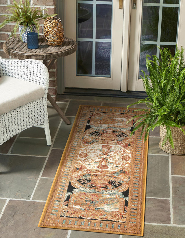 Black Gold Brown 2' 7 x 10' Outdoor Traditional Runner Area Rug Weather Resistant for Patio, Deck, Terrace, Balcony, Porch Classical Design Outside Carpet for Sale at Rug Engine