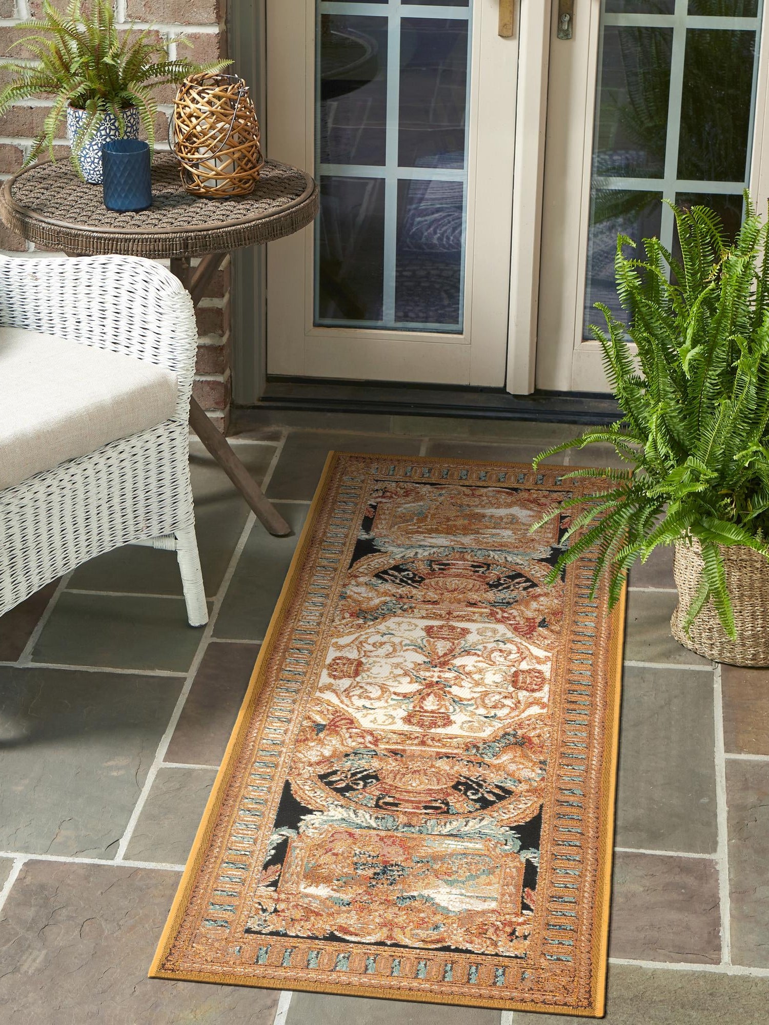 Black Gold Brown 2' x 6' 1 Outdoor Traditional Runner Area Rug Weather Resistant for Patio, Deck, Terrace, Balcony, Porch Classical Design Outside Carpet for Sale at Rug Engine
