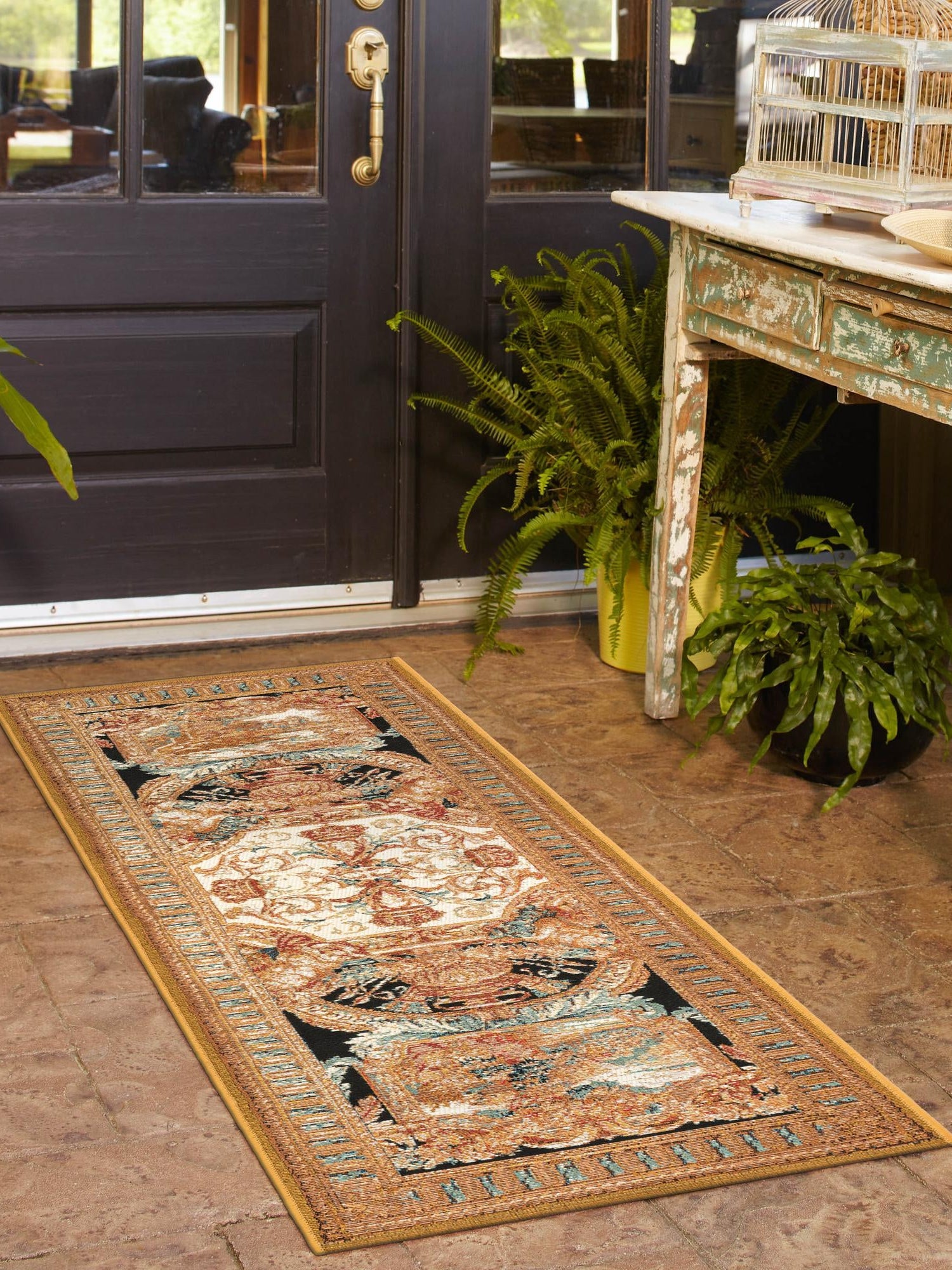 Black Gold Brown 2' x 5' 1 Outdoor Traditional Runner Area Rug Weather Resistant for Patio, Deck, Terrace, Balcony, Porch Classical Design Outside Carpet for Sale at Rug Engine