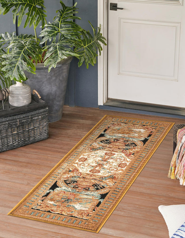 Black Gold Brown 2' 7 x 10' Outdoor Traditional Runner Area Rug Weather Resistant for Patio, Deck, Terrace, Balcony, Porch Classical Design Outside Carpet for Sale at Rug Engine