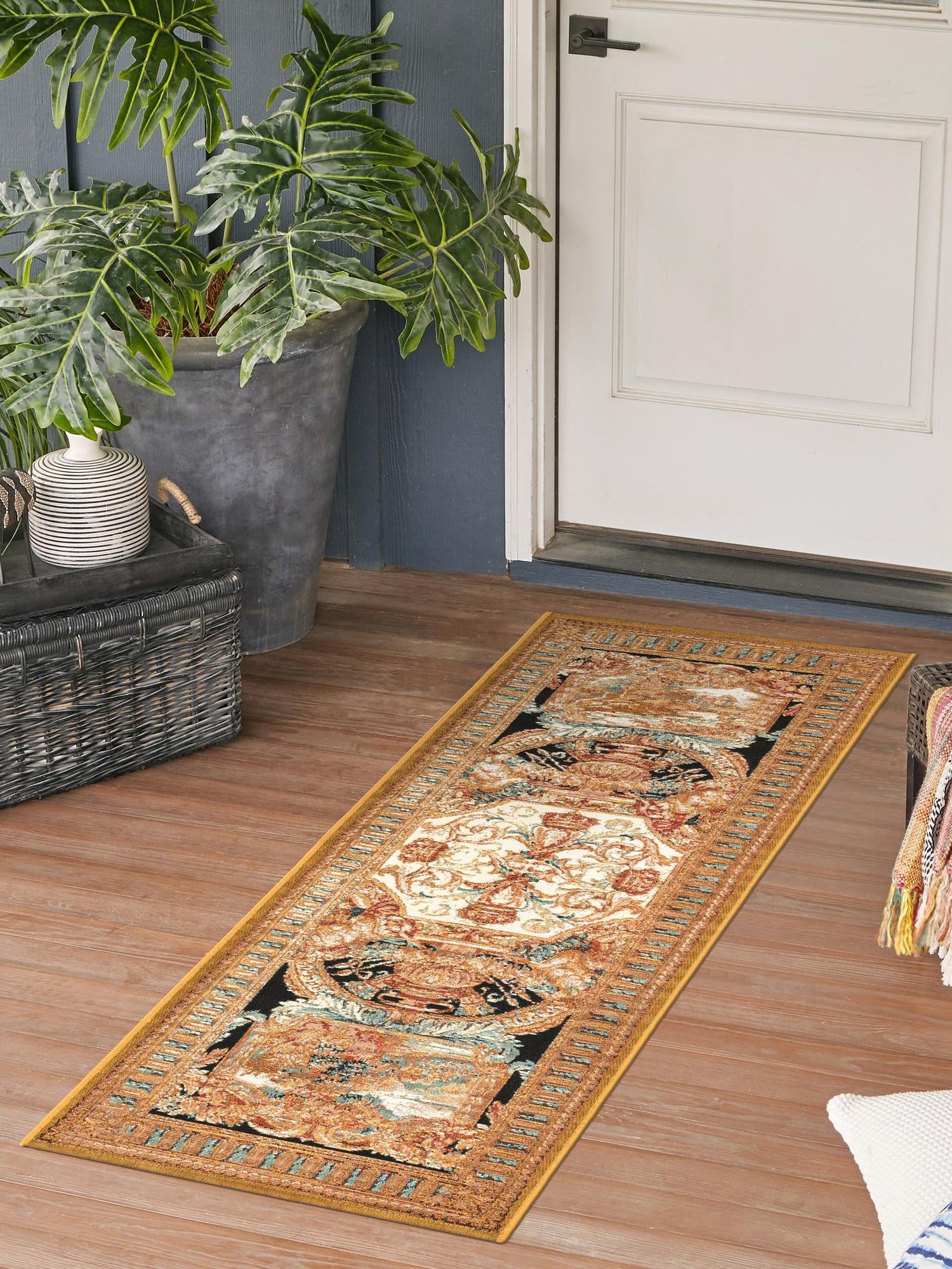Black Gold Brown 2' 7 x 12' Outdoor Traditional Runner Area Rug Weather Resistant for Patio, Deck, Terrace, Balcony, Porch Classical Design Outside Carpet for Sale at Rug Engine