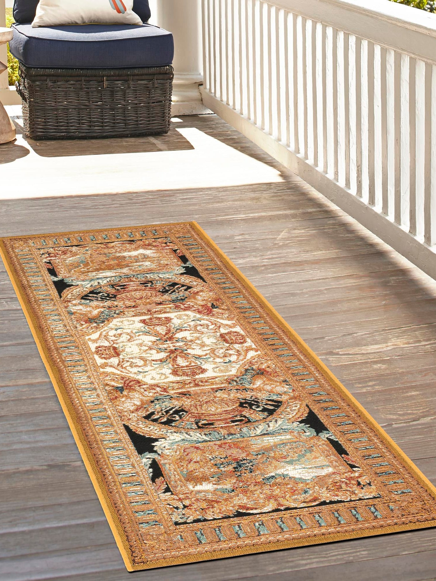 Black Gold Brown 2' x 8' Outdoor Traditional Runner Area Rug Weather Resistant for Patio, Deck, Terrace, Balcony, Porch Classical Design Outside Carpet for Sale at Rug Engine