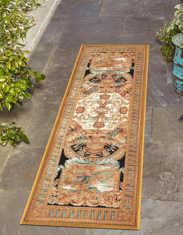 Black Gold Brown 2' 7 x 10' Outdoor Traditional Runner Area Rug Weather Resistant for Patio, Deck, Terrace, Balcony, Porch Classical Design Outside Carpet for Sale at Rug Engine