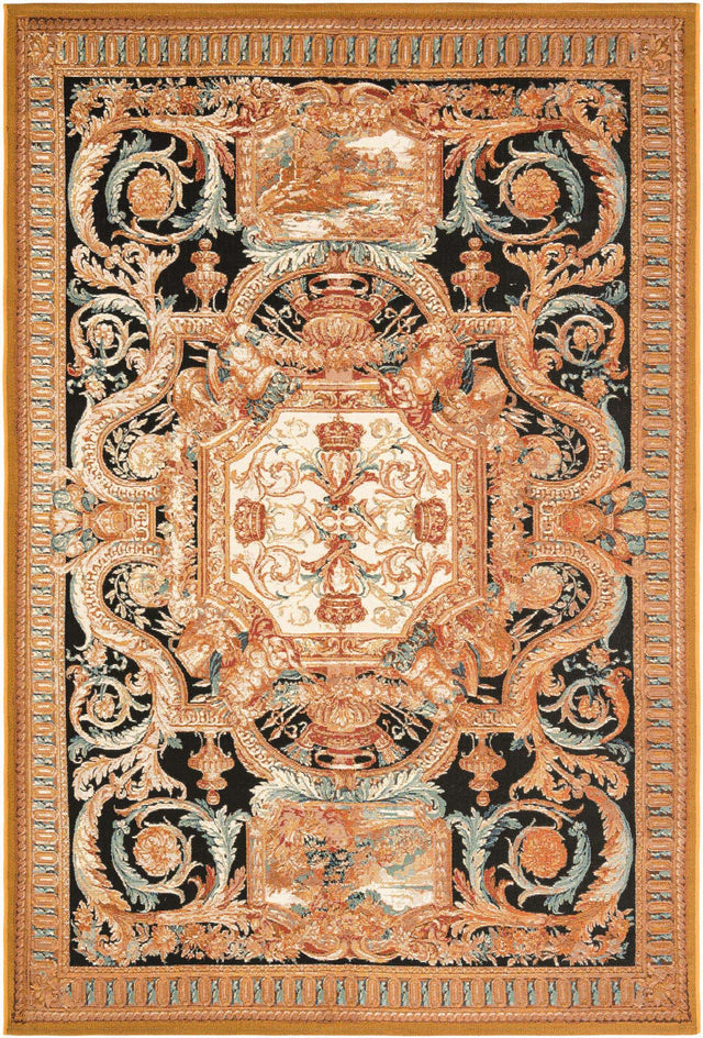 Black Gold Brown 6' 1 x 9' Outdoor Traditional Rectangle Area Rug Weather Resistant for Patio, Deck, Terrace, Balcony, Porch Classical Design Outside Carpet for Sale at Rug Engine