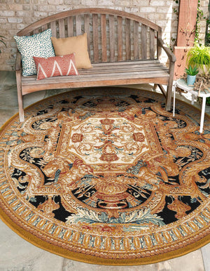 Black Gold Brown 5' 3 x 5' 3 Outdoor Traditional Round Area Rug Weather Resistant for Patio, Deck, Terrace, Balcony, Porch Classical Design Outside Carpet for Sale at Rug Engine