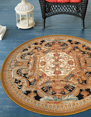 Black Gold Brown 10' x 10' Outdoor Traditional Round Area Rug Weather Resistant for Patio, Deck, Terrace, Balcony, Porch Classical Design Outside Carpet for Sale at Rug Engine