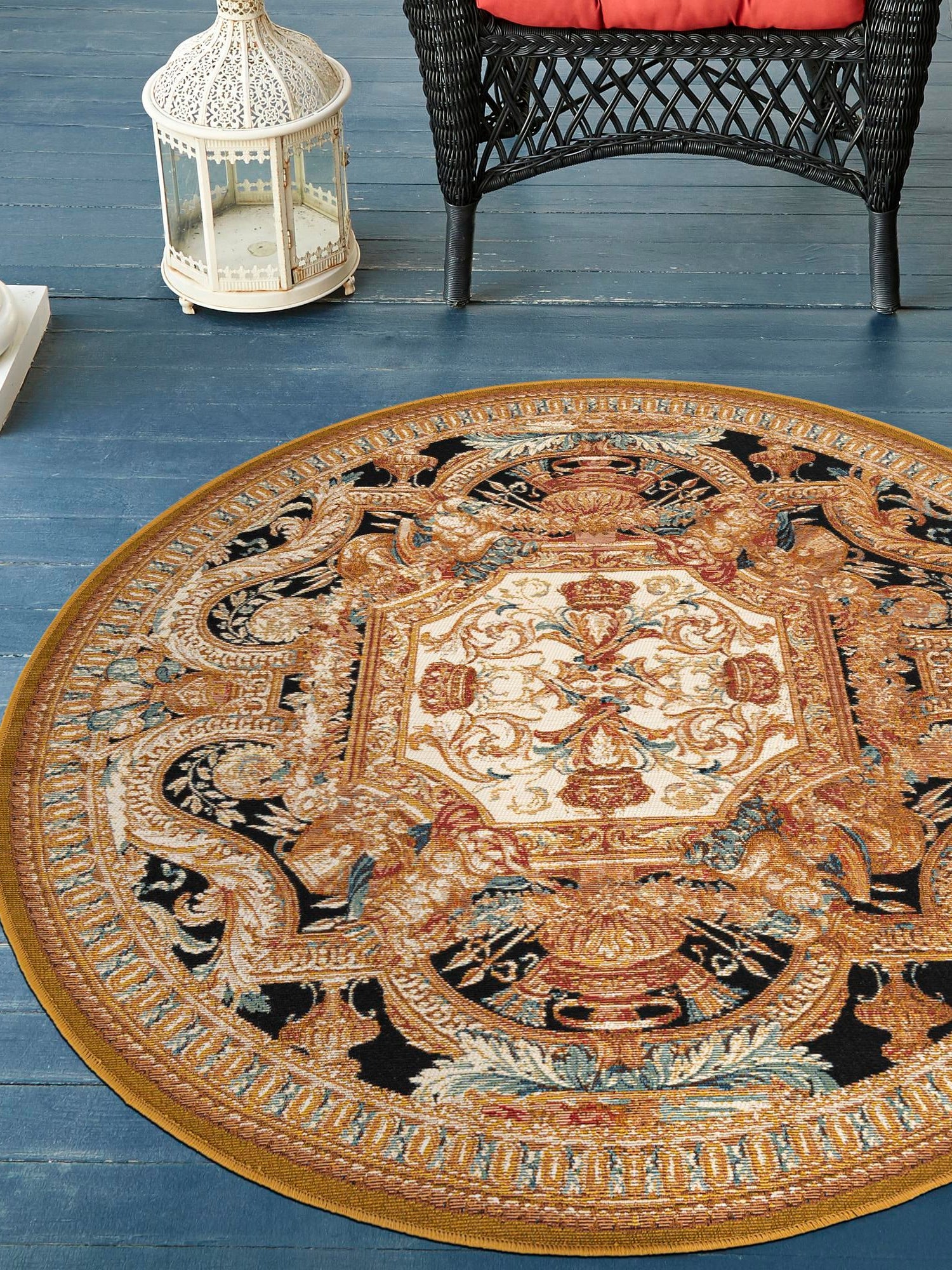 Black Gold Brown 5' 3 x 5' 3 Outdoor Traditional Round Area Rug Weather Resistant for Patio, Deck, Terrace, Balcony, Porch Classical Design Outside Carpet for Sale at Rug Engine