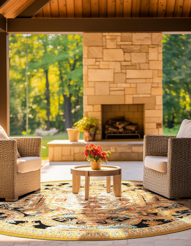 Black Gold Brown 10' x 10' Outdoor Traditional Round Area Rug Weather Resistant for Patio, Deck, Terrace, Balcony, Porch Classical Design Outside Carpet for Sale at Rug Engine