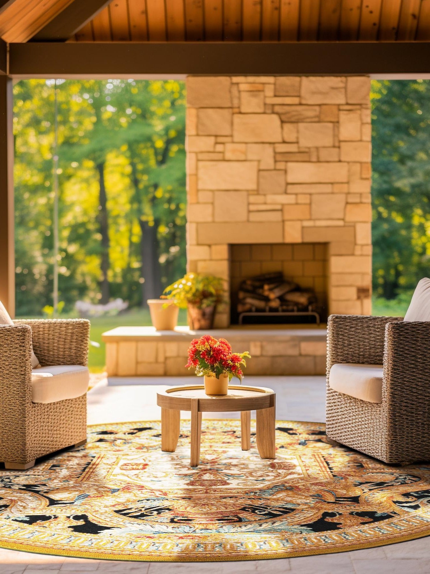 Black Gold Brown 4' 1 x 4' 1 Outdoor Traditional Round Area Rug Weather Resistant for Patio, Deck, Terrace, Balcony, Porch Classical Design Outside Carpet for Sale at Rug Engine