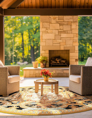Black Gold Brown 7' 10 x 7' 10 Outdoor Traditional Round Area Rug Weather Resistant for Patio, Deck, Terrace, Balcony, Porch Classical Design Outside Carpet for Sale at Rug Engine