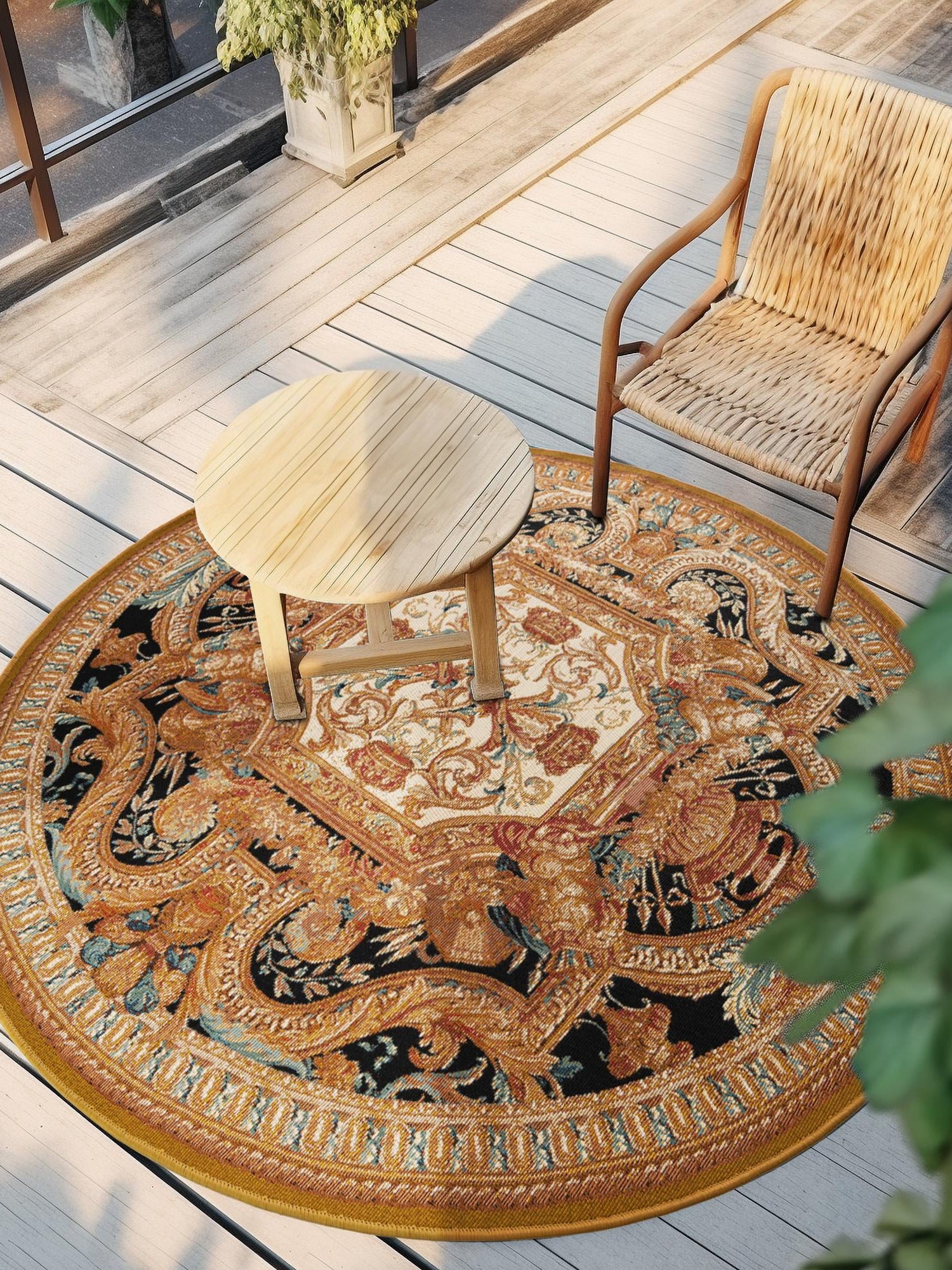 Black Gold Brown 3' 3 x 3' 3 Outdoor Traditional Round Area Rug Weather Resistant for Patio, Deck, Terrace, Balcony, Porch Classical Design Outside Carpet for Sale at Rug Engine