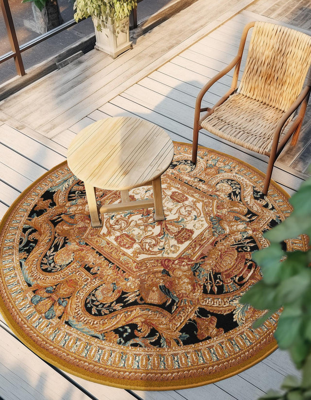 Black Gold Brown 7' 10 x 7' 10 Outdoor Traditional Round Area Rug Weather Resistant for Patio, Deck, Terrace, Balcony, Porch Classical Design Outside Carpet for Sale at Rug Engine